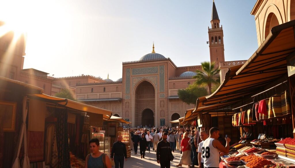 A bustling market square in the historic Fez Medina, Morocco, bathed in warm, golden sunlight. In the foreground, vendors sell vibrant textiles, intricate metalwork, and fragrant spices. The middle ground features the iconic Bou Inania Madrasa, its ornate facade adorned with intricate tilework and calligraphy. In the background, the towering minarets of the Kairaouine Mosque rise, their silhouettes casting long shadows across the scene. The atmosphere is one of reverence and cultural richness, inviting the viewer to explore the ancient, sacred sites of this timeless city. A bustling market square in the historic Fez Medina, Morocco, bathed in warm, golden sunlight. In the foreground, vendors sell vibrant textiles, intricate metalwork, and fragrant spices. The middle ground features the iconic Bou Inania Madrasa, its ornate facade adorned with intricate tilework and calligraphy. In the background, the towering minarets of the Kairaouine Mosque rise, their silhouettes casting long shadows across the scene. The atmosphere is one of reverence and cultural richness, inviting the viewer to explore the ancient, sacred sites of this timeless city.