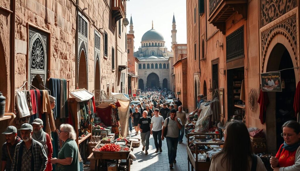 A bustling marketplace in the ancient medina of Fez, Morocco, captured under warm afternoon sunlight. In the foreground, local merchants hawk their wares - colorful textiles, intricate metalwork, and aromatic spices. Pedestrians weave through the narrow, winding alleyways, flanked by centuries-old sandstone walls and ornate, carved doorways. Vendors push wooden carts laden with fresh produce, their voices echoing off the buildings. In the middle ground, a group of tourists follows a tour guide, exploring the labyrinthine routes and hidden gems of this living, breathing historical quarter. The backdrop reveals the iconic minarets and domes of Fez's renowned mosques, casting long shadows across the scene. An immersive, atmospheric depiction of the essential Fez Medina walking tour experience. A bustling marketplace in the ancient medina of Fez, Morocco, captured under warm afternoon sunlight. In the foreground, local merchants hawk their wares - colorful textiles, intricate metalwork, and aromatic spices. Pedestrians weave through the narrow, winding alleyways, flanked by centuries-old sandstone walls and ornate, carved doorways. Vendors push wooden carts laden with fresh produce, their voices echoing off the buildings. In the middle ground, a group of tourists follows a tour guide, exploring the labyrinthine routes and hidden gems of this living, breathing historical quarter. The backdrop reveals the iconic minarets and domes of Fez's renowned mosques, casting long shadows across the scene. An immersive, atmospheric depiction of the essential Fez Medina walking tour experience.