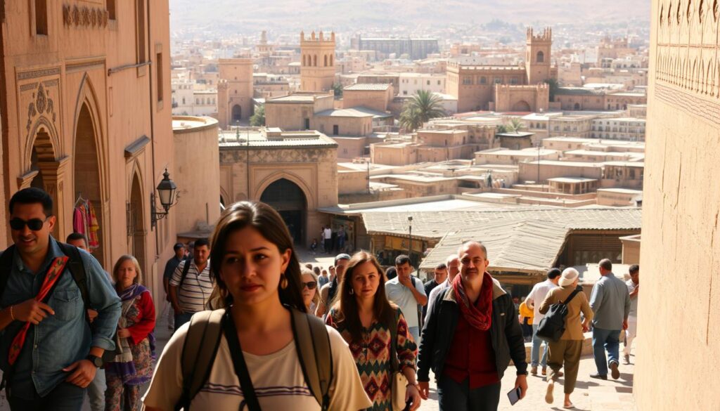 A bustling scene in the ancient Medina of Fez el Bali, Morocco. In the foreground, a tour guide leads a small group of tourists through the winding alleyways, their colorful garments and inquisitive expressions capturing the spirit of discovery. Middle ground showcases the iconic architecture of the Medina, with ornate archways, intricate tilework, and traditional marketplaces teeming with local artisans and merchants. The background reveals the stunning panorama of the historic city, bathed in warm, golden light casting a timeless, enchanting atmosphere. Crisp, high-resolution details, cinematic perspective, and a sense of immersive exploration. A bustling scene in the ancient Medina of Fez el Bali, Morocco. In the foreground, a tour guide leads a small group of tourists through the winding alleyways, their colorful garments and inquisitive expressions capturing the spirit of discovery. Middle ground showcases the iconic architecture of the Medina, with ornate archways, intricate tilework, and traditional marketplaces teeming with local artisans and merchants. The background reveals the stunning panorama of the historic city, bathed in warm, golden light casting a timeless, enchanting atmosphere. Crisp, high-resolution details, cinematic perspective, and a sense of immersive exploration.