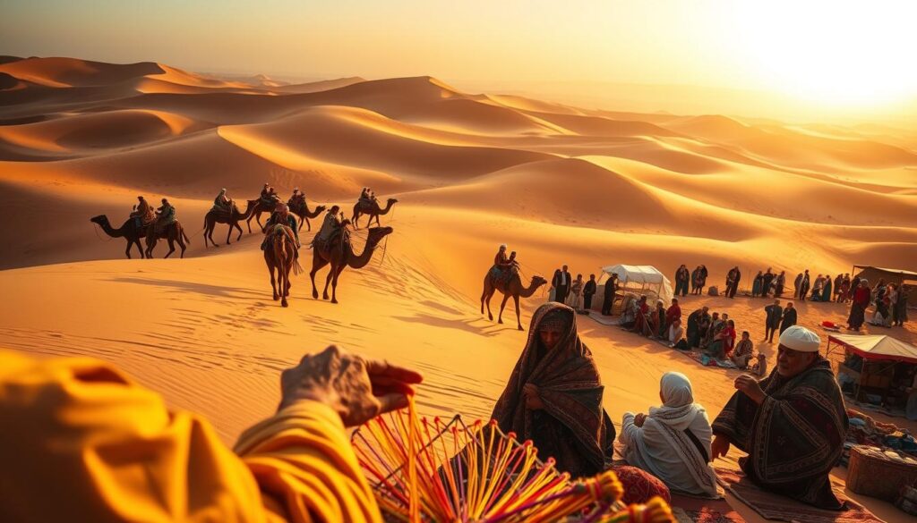 A caravan of camels traverses the undulating dunes of the Moroccan Sahara, carrying nomadic tribespeople and their colorful tents. In the foreground, a group of locals engage in traditional weaving, their hands deftly manipulating vibrant threads. The middle ground reveals a bustling encampment, where artisans showcase their handcrafted wares and elders share stories of their heritage. The warm, golden light of the setting sun casts a dreamlike glow over the scene, evoking the timeless allure of the desert. A wide-angle lens captures the vastness of the landscape, while a shallow depth of field draws the viewer's focus to the intimate cultural interactions. A caravan of camels traverses the undulating dunes of the Moroccan Sahara, carrying nomadic tribespeople and their colorful tents. In the foreground, a group of locals engage in traditional weaving, their hands deftly manipulating vibrant threads. The middle ground reveals a bustling encampment, where artisans showcase their handcrafted wares and elders share stories of their heritage. The warm, golden light of the setting sun casts a dreamlike glow over the scene, evoking the timeless allure of the desert. A wide-angle lens captures the vastness of the landscape, while a shallow depth of field draws the viewer's focus to the intimate cultural interactions.