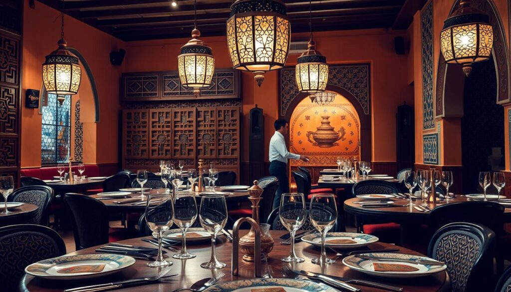 A cozy Moroccan restaurant with warm, earthy tones. In the foreground, a beautifully set table with intricate ceramic plates, gleaming silver cutlery, and ornate glassware. Decorative brass lanterns hang overhead, casting a soft, ambient glow. In the middle ground, servers in traditional Moroccan attire gracefully move between tables, delivering fragrant tagine dishes and mint tea. The background features carved wooden screens, colorful textiles, and ornate tile work, immersing the diner in the rich cultural atmosphere of Morocco. Soft, diffused lighting creates an intimate, inviting ambiance, setting the stage for an authentic Moroccan dining experience. A cozy Moroccan restaurant with warm, earthy tones. In the foreground, a beautifully set table with intricate ceramic plates, gleaming silver cutlery, and ornate glassware. Decorative brass lanterns hang overhead, casting a soft, ambient glow. In the middle ground, servers in traditional Moroccan attire gracefully move between tables, delivering fragrant tagine dishes and mint tea. The background features carved wooden screens, colorful textiles, and ornate tile work, immersing the diner in the rich cultural atmosphere of Morocco. Soft, diffused lighting creates an intimate, inviting ambiance, setting the stage for an authentic Moroccan dining experience.