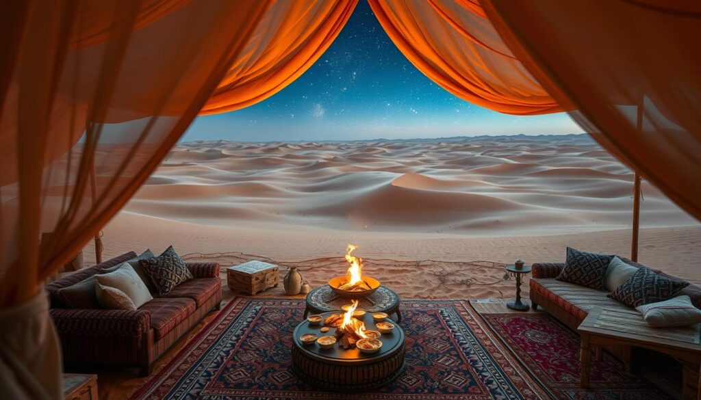 A grand, opulent Saharan campsite nestled amidst undulating dunes. In the foreground, a luxurious Berber-style tent with intricate woven textiles and elegant furnishings. Warm, golden light filters through the gauzy, billowing fabric. In the middle ground, a campfire crackles, surrounded by plush, patterned rugs and low tables laden with Moroccan delicacies. The background reveals a panoramic vista of the endless, rippling desert, painted in hues of ochre and sienna, under a dramatic, star-filled sky. A sense of tranquility and indulgence pervades the scene, inviting the viewer to experience the elegance and adventure of a luxury Sahara desert camping retreat. A grand, opulent Saharan campsite nestled amidst undulating dunes. In the foreground, a luxurious Berber-style tent with intricate woven textiles and elegant furnishings. Warm, golden light filters through the gauzy, billowing fabric. In the middle ground, a campfire crackles, surrounded by plush, patterned rugs and low tables laden with Moroccan delicacies. The background reveals a panoramic vista of the endless, rippling desert, painted in hues of ochre and sienna, under a dramatic, star-filled sky. A sense of tranquility and indulgence pervades the scene, inviting the viewer to experience the elegance and adventure of a luxury Sahara desert camping retreat.