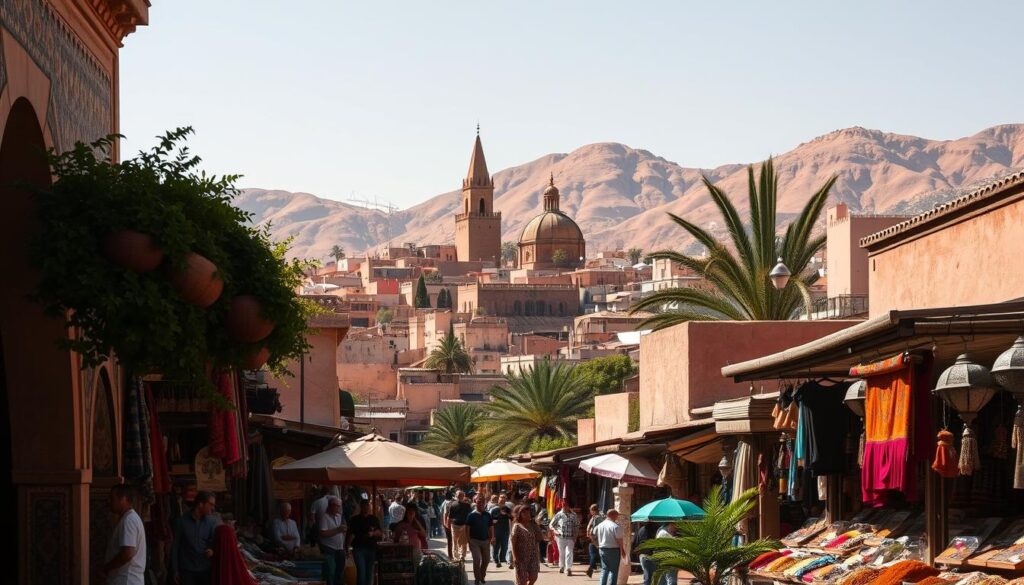 A lush, sun-drenched scene in the historic city of Fez, Morocco. In the foreground, a vibrant street market comes alive with vendors selling colorful textiles, spices, and artisanal crafts. Intricate tile patterns and ornate archways frame the bustling activity. In the middle ground, the iconic pointed roofs and minarets of Fez's ancient medina rise majestically, bathed in warm, golden light. The background showcases the rugged, ochre-hued hills that surround the city, creating a breathtaking natural backdrop. The overall atmosphere evokes the rich cultural heritage and timeless allure of Fez, the perfect setting to experience the best of Morocco's seasonal delights. A lush, sun-drenched scene in the historic city of Fez, Morocco. In the foreground, a vibrant street market comes alive with vendors selling colorful textiles, spices, and artisanal crafts. Intricate tile patterns and ornate archways frame the bustling activity. In the middle ground, the iconic pointed roofs and minarets of Fez's ancient medina rise majestically, bathed in warm, golden light. The background showcases the rugged, ochre-hued hills that surround the city, creating a breathtaking natural backdrop. The overall atmosphere evokes the rich cultural heritage and timeless allure of Fez, the perfect setting to experience the best of Morocco's seasonal delights.
