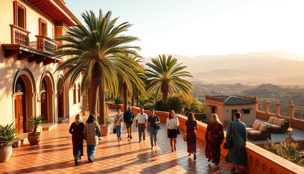 A sun-drenched terrace overlooking the Atlas Mountains, lush palm trees swaying in the breeze. In the foreground, a luxurious villa with intricate Moroccan architecture, its ornate tiles and carved wooden details gleaming. Beside it, a more modest guesthouse with a simple, rustic charm. Both offer stunning vistas of the rolling hills and distant peaks. Warm lighting filters through the scene, casting a golden glow. A group of travelers, some in opulent kaftans, others in casual clothing, stroll along the path, conveying the contrast between lavish and budget-friendly Morocco vacation packages. The atmosphere is one of tranquility, inviting the viewer to imagine themselves immersed in the rich cultural tapestry of this remarkable destination. A sun-drenched terrace overlooking the Atlas Mountains, lush palm trees swaying in the breeze. In the foreground, a luxurious villa with intricate Moroccan architecture, its ornate tiles and carved wooden details gleaming. Beside it, a more modest guesthouse with a simple, rustic charm. Both offer stunning vistas of the rolling hills and distant peaks. Warm lighting filters through the scene, casting a golden glow. A group of travelers, some in opulent kaftans, others in casual clothing, stroll along the path, conveying the contrast between lavish and budget-friendly Morocco vacation packages. The atmosphere is one of tranquility, inviting the viewer to imagine themselves immersed in the rich cultural tapestry of this remarkable destination.