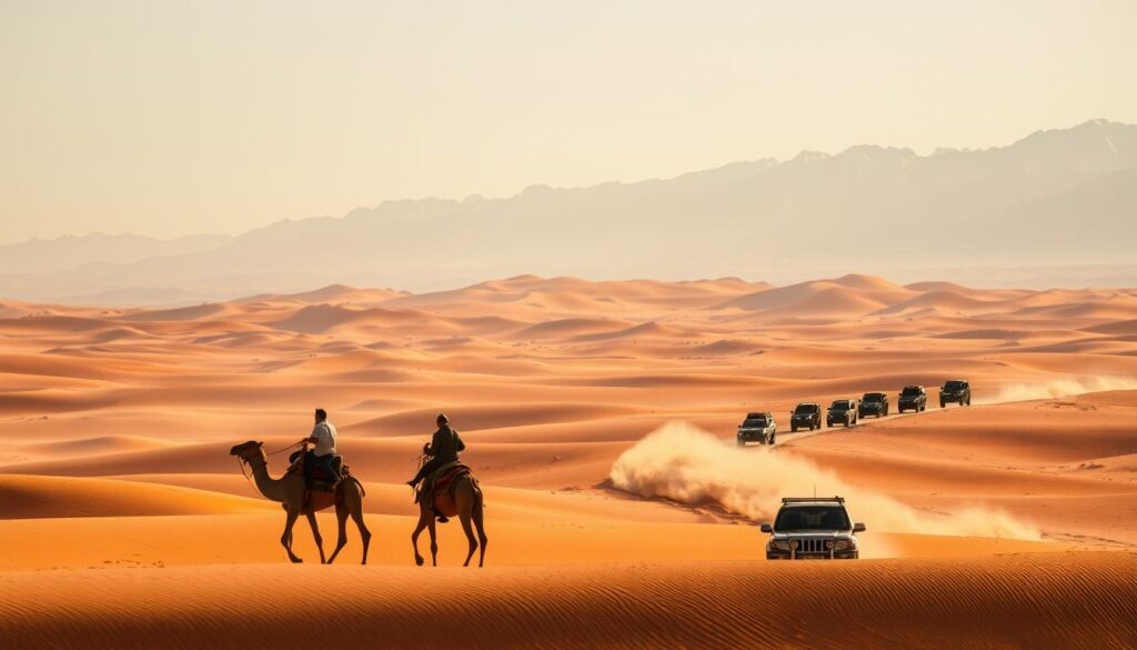 A vast expanse of golden dunes, undulating under the warm glow of the Saharan sun. In the foreground, a group of travelers atop sturdy camels, their silhouettes casting long shadows as they traverse the iconic landscape. In the middle ground, a caravan of off-road vehicles winds through the rugged terrain, kicking up clouds of rust-colored dust. In the distance, the majestic Atlas Mountains rise, their snow-capped peaks a stark contrast to the arid desert below. The scene is infused with a sense of adventure and exploration, capturing the essence of a Sahara Desert tour departing from the vibrant city of Marrakech. A vast expanse of golden dunes, undulating under the warm glow of the Saharan sun. In the foreground, a group of travelers atop sturdy camels, their silhouettes casting long shadows as they traverse the iconic landscape. In the middle ground, a caravan of off-road vehicles winds through the rugged terrain, kicking up clouds of rust-colored dust. In the distance, the majestic Atlas Mountains rise, their snow-capped peaks a stark contrast to the arid desert below. The scene is infused with a sense of adventure and exploration, capturing the essence of a Sahara Desert tour departing from the vibrant city of Marrakech.