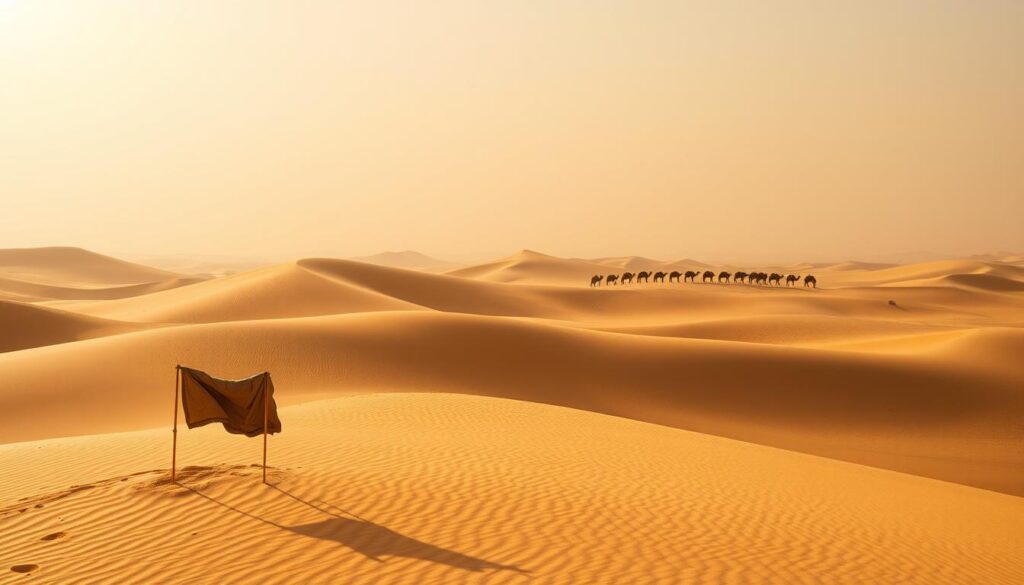 A vast expanse of golden sand dunes stretches out under a warm, hazy sky. The Erg Chebbi dunes in Merzouga, Morocco, rise and fall in elegant curves, their undulating slopes casting long shadows. In the foreground, a solitary Berber tent stands against the dune's rippled surface, its tattered fabric gently fluttering in the desert breeze. Farther back, a caravan of camels meanders through the landscape, their silhouettes etched against the distant horizon. The scene exudes a sense of timelessness and tranquility, capturing the essence of the Saharan desert. A vast expanse of golden sand dunes stretches out under a warm, hazy sky. The Erg Chebbi dunes in Merzouga, Marrakech to Sahara Desert Tours