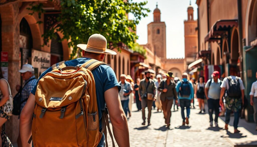 A vibrant Moroccan street scene, with a focus on safety and travel tips. In the foreground, a traveler navigates the bustling medina, carrying a sturdy backpack and wearing sun-protective gear. In the middle ground, locals demonstrate common sense precautions, such as securing valuables and staying vigilant. The background showcases the iconic architecture of Marrakech, with minarets and intricate tilework bathed in warm, golden light. The overall composition conveys a sense of cultural immersion, balanced with an emphasis on responsible and prepared exploration. A vibrant Moroccan street scene, with a focus on safety and travel tips. In the foreground, a traveler navigates the bustling medina, carrying a sturdy backpack and wearing sun-protective gear. In the middle ground, locals demonstrate common sense precautions, such as securing valuables and staying vigilant. The background showcases the iconic architecture of Marrakech, with minarets and intricate tilework bathed in warm, golden light. The overall composition conveys a sense of cultural immersion, balanced with an emphasis on responsible and prepared exploration.