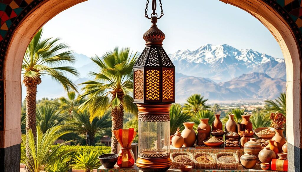 A vibrant seasonal travel guide to Morocco, showcasing the country's diverse landscapes and cultural traditions. In the foreground, a colorful mosaic archway frames a lush oasis, with palm trees swaying gently in the warm breeze. In the middle ground, an ornate Moroccan lantern casts a warm glow, surrounded by an array of spices, textiles, and pottery. The background features the majestic Atlas Mountains, their snow-capped peaks reflecting the changing seasons. The scene is bathed in a soft, golden light, capturing the essence of Morocco's captivating charm and the allure of its distinct cultural experiences throughout the year. A vibrant seasonal travel guide to Morocco, showcasing the country's diverse landscapes and cultural traditions. In the foreground, a colorful mosaic archway frames a lush oasis, with palm trees swaying gently in the warm breeze. In the middle ground, an ornate Moroccan lantern casts a warm glow, surrounded by an array of spices, textiles, and pottery. The background features the majestic Atlas Mountains, their snow-capped peaks reflecting the changing seasons. The scene is bathed in a soft, golden light, capturing the essence of Morocco's captivating charm and the allure of its distinct cultural experiences throughout the year.