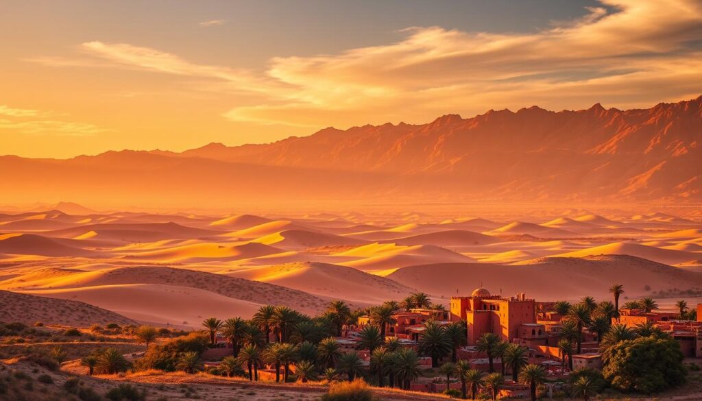 Dramatic Moroccan landscape at golden hour, with rugged Atlas mountains in the distant background, rolling sand dunes in the middle ground, and a vibrant Berber village nestled among palm trees in the foreground. Warm, saturated colors throughout, with soft directional lighting casting long shadows. Wide-angle lens captures the expansive, awe-inspiring scene. Conveys a sense of adventure, cultural richness, and serene natural beauty characteristic of a Morocco cultural and adventure tour. Dramatic Moroccan landscape at golden hour, with rugged Atlas mountains in the distant background, rolling sand dunes in the middle ground, and a vibrant Berber village nestled among palm trees in the foreground. Warm, saturated colors throughout, with soft directional lighting casting long shadows. Wide-angle lens captures the expansive, awe-inspiring scene. Conveys a sense of adventure, cultural richness, and serene natural beauty characteristic of a Morocco cultural and adventure tour.
