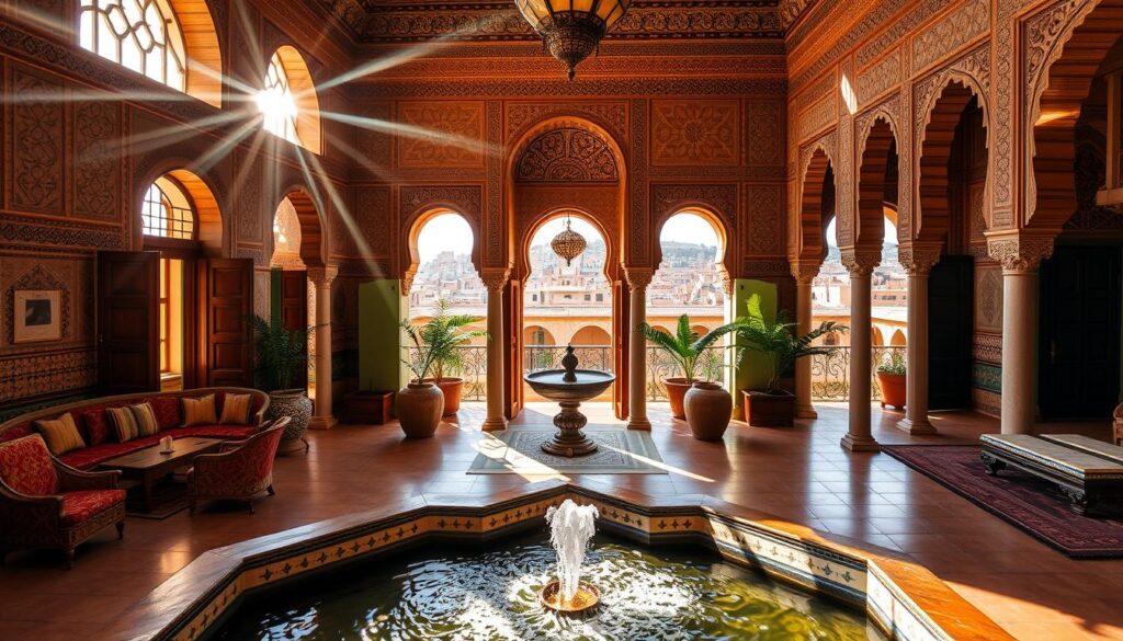 Expansive Moroccan riad with intricate tile work, graceful arches, and lush central courtyard. Warm sunlight filters through ornate windows, casting patterns on the richly-hued fabrics and polished wood furnishings. In the foreground, a serene fountain bubbles peacefully. The middle ground showcases traditional Moroccan architecture - ornate doorways, intricate tilework, and carved plasterwork. The background reveals a panoramic vista of the bustling medina beyond the riad's walls, hinting at the cultural vibrancy awaiting travelers. This image evokes the opulent, welcoming ambiance of premium Morocco accommodations. Expansive Moroccan riad with intricate tile work, graceful arches, and lush central courtyard. Warm sunlight filters through ornate windows, casting patterns on the richly-hued fabrics and polished wood furnishings. In the foreground, a serene fountain bubbles peacefully. The middle ground showcases traditional Moroccan architecture - ornate doorways, intricate tilework, and carved plasterwork. The background reveals a panoramic vista of the bustling medina beyond the riad's walls, hinting at the cultural vibrancy awaiting travelers. This image evokes the opulent, welcoming ambiance of premium Morocco accommodations.